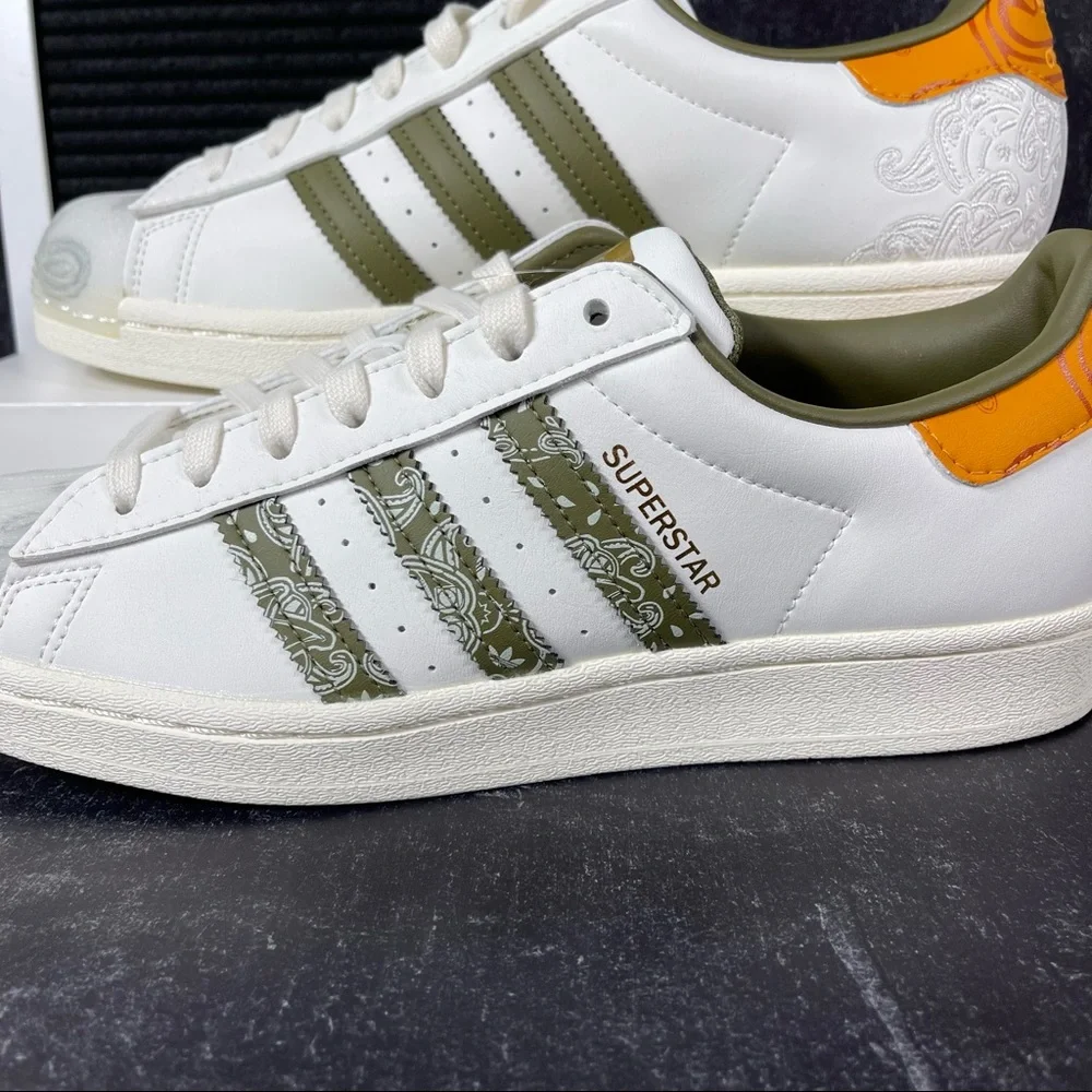ADIDAS SUPERSTAR BANDANA OFF WHITE FOCUS ORANGE MENS SHOES SIZE 8 GREEN NEW - Picture 7 of 10